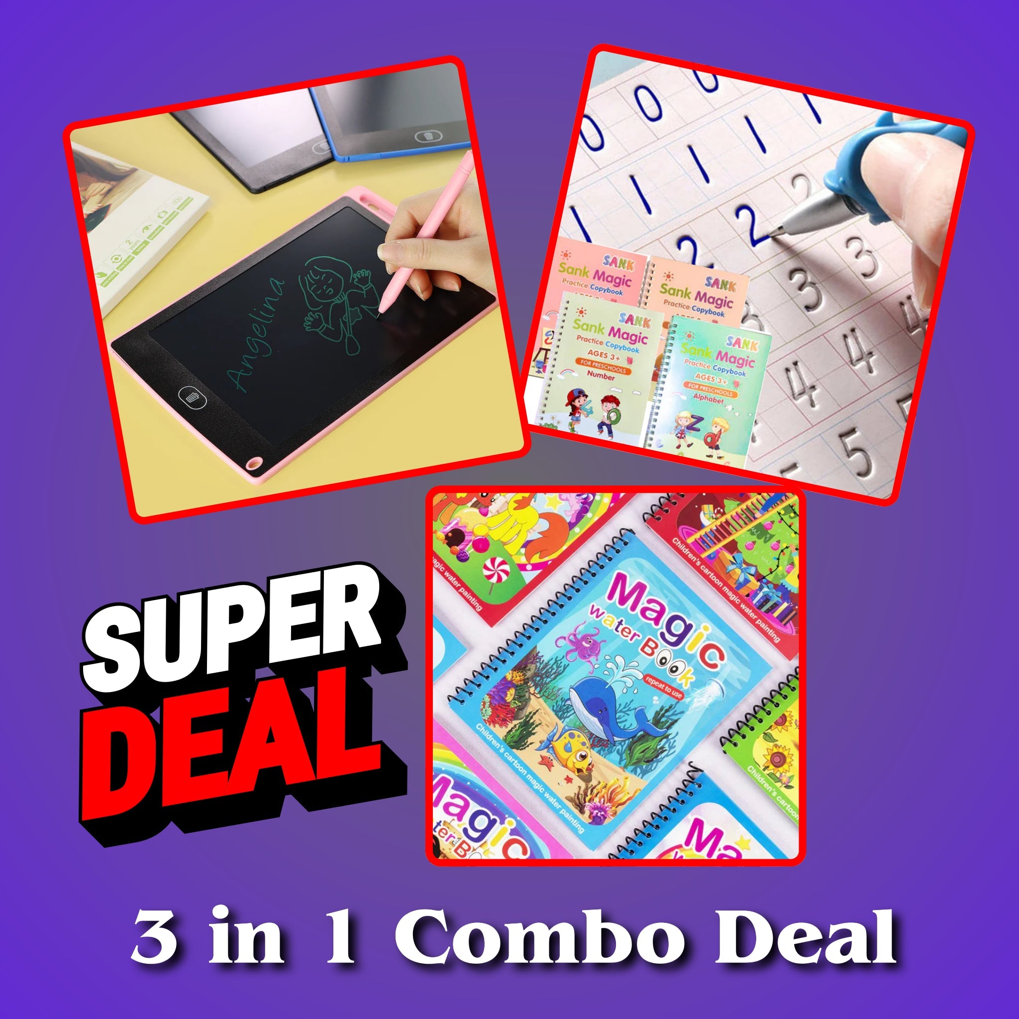 Three In One Kids Learning Deal (Sank Magic Book + Water Magic Book + 8. 5 Inches Writing Tablet) – gallery 1